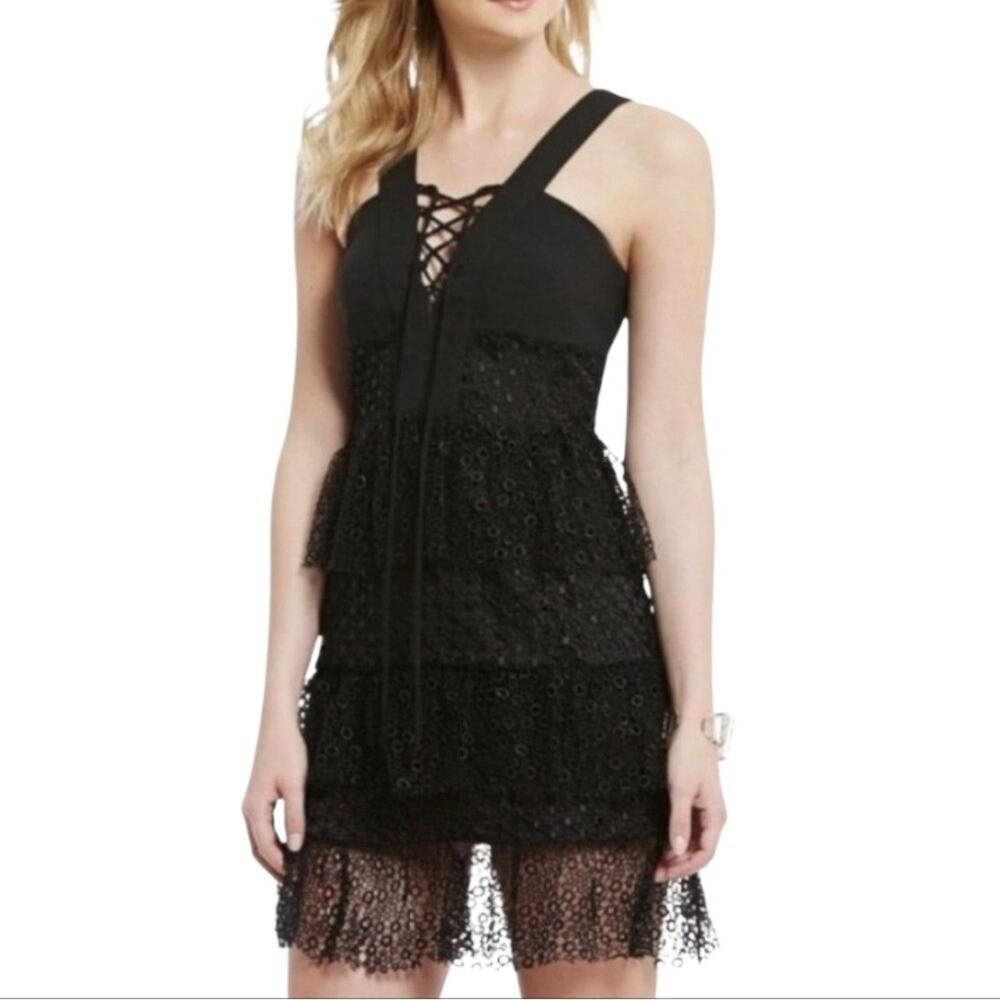 Gianni Bini Black Lace Tiered Ruffle Lace Up Dress Sleeveless Cocktail Party 0